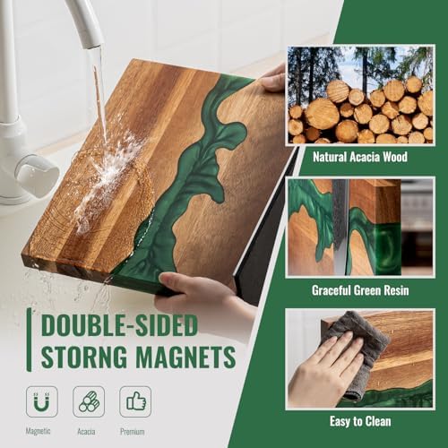 Magnetic Knife Block with Sharpening Stone and Stainless Steel Magnetic Knife Strip, Emojoy Double Side Magnetic Knife Holder, Acacia Wood Knife Block and Green Resin