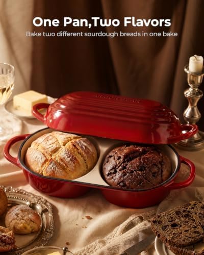 Mini Double Dutch Oven for Sourdough, Enameled Cast Iron Bread Pan, Red