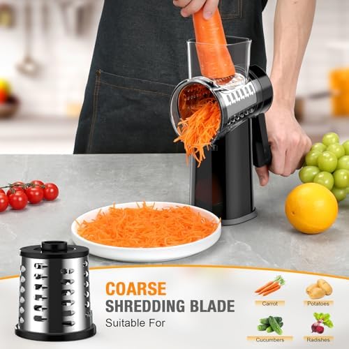 Ibergrif Rotary Cheese Grater Hand Crank– Manual Vegetable Slicer Mandoline with Foldable Handle, Rotary Grader with 3 Interchangeable Blades, Manual Cheese Shredder with Suction Base