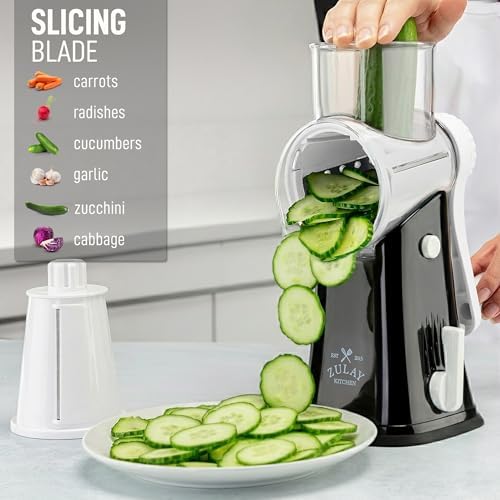 Rotary Cheese Grater Manual Hand Crank 5 Blade Shredder, White & Black