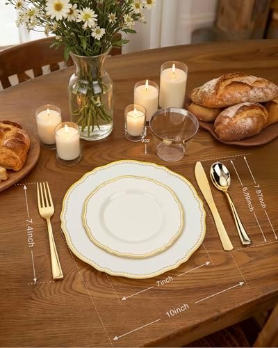 Hioasis 175 Pcs Ivory Gold Plastic Plates Wedding & Party