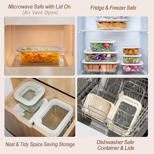 Urban Green Glass Food Storage Containers with Glass Lids, Microwave Safe Food Container Set, Aitight Meal Prep Container Set, BPA Free, 3 extra Colanders, LeakProof, 3 Pack of 35oz
