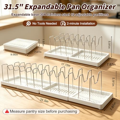 Expandable Pot and Pan Organizer Under Cabinet with 12 Adjustable Dividers