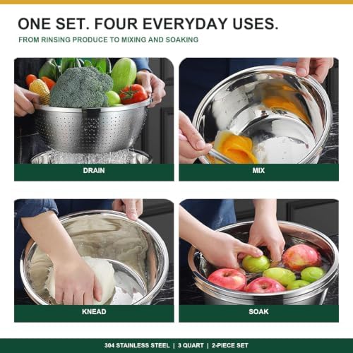 304 Stainless Steel Microporous Colander Set - 3QT Large Capacity Kitchen Strainer, Dishwasher Safe for Vegetable/Fruit/Rice Washing & Cooked Pasta Draining （2PC)