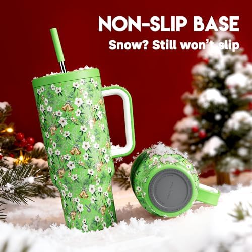 Meoky 40 oz Christmas Tumbler with Handle and Straw, Xmas Tumbler with Lid and Straw, Insulated Stainless Steel Travel Mug, for Women Men Adults (Jingle Bloom)