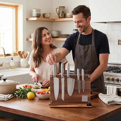Acacia Wood Magnetic Knife Block with Double Sided Acrylic Shield, Freestanding Countertop Knife Holder Without Knives, Holds 10-12 Knives, Space Saving Kitchen Organizer
