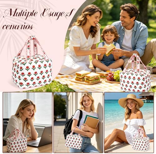 Lunch Box for Women, White Cute Floral Insulated Reusable Lunch Bag