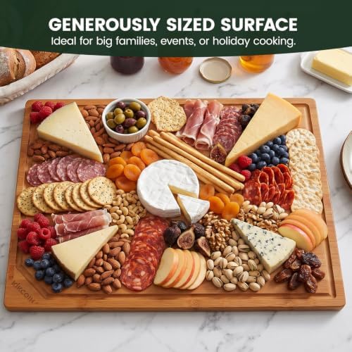 Kikcoin 30”×20” Deep-Carbonized Bamboo Cutting Boards for Kitchen, Heavy Duty Wooden Cutting Boards, Healthy Extra Large Chopping Boards with Deep Juice Groove and Handle, Oversized Stove Top Cover
