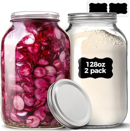 ComSaf 128 oz Wide Mouth Mason Jars 2 Pack, 1 Gallon Glass Jars with Lids