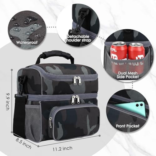 FlowFly Double Layer Cooler Insulated Lunch Bag Adult Lunch Box Large Tote Bag for Men, Women, With Adjustable Strap,Front Pocket and Dual Large Mesh Side Pockets