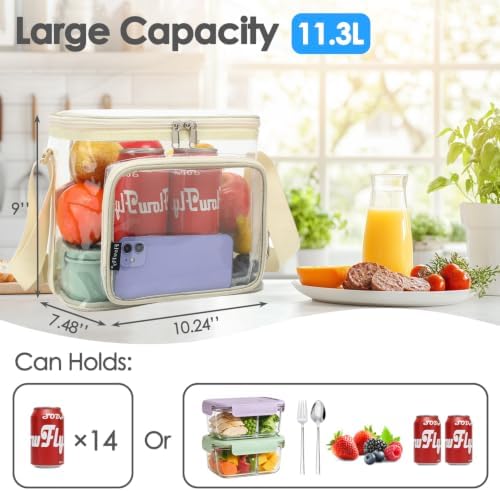 FlowFly Insulated Reusable Lunch Bag Adult Large Lunch Box for Women and Men with Adjustable Shoulder Strap,Front Zipper Pocket and Dual Large Mesh Side Pockets,Clear#Biege
