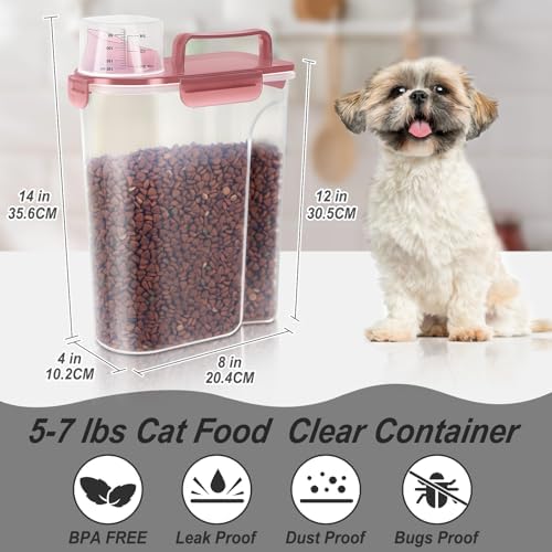LEAWALK 5-7Lbs/6Qt Dog Cat Storage Container Portable with Upgraded Large Spout and Cup, Plastic Pet Food Dispenser for Small Animal Kibble, Bird Seed, Oatmeal, Rice, Flour, Brown Sugart- Clear pink