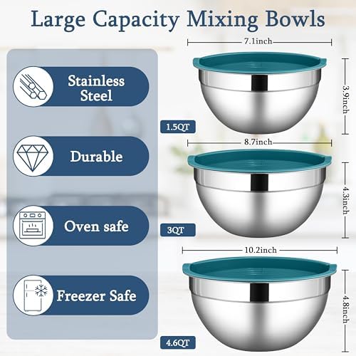 LIANYU Mixing Bowls Set with Lids, Stainless Steel Kitchen Bowls Set of 3