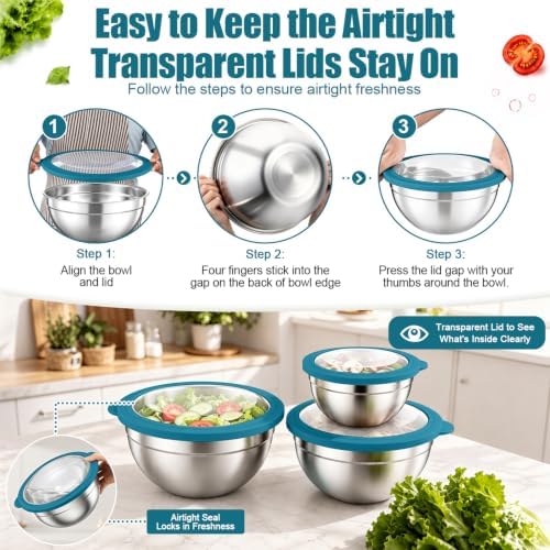 P&P CHEF Stainless Steel Mixing Bowls with Visible Airtight Lids, Blue