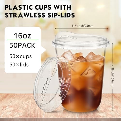 Baderke 50 Pcs Round Bottom Plastic Cups with Lids Clear Togo,16 Oz