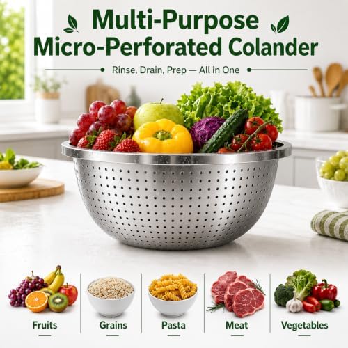 Stainless Steel Colander Set with Self-Draining Silicone Base, 4 Sizes Metal Strainers for Kitchen, Colanders & Food Strainer for Pasta, Fruit, Vegetables & Noodles - 2.2 Qt/ 3.3 Qt/ 4.0 Qt & 5.3 Qt
