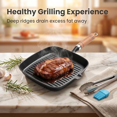 Cast Iron Grill Pan, 8.6 inch Griddle Pan Skillet with Pour Spout & Wooden Handle