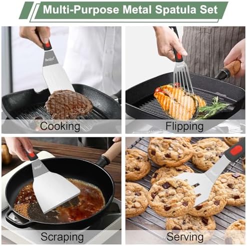 Beijiyi 4-Piece Metal Spatula for Cast Iron Skillet, Sturdy Stainless Steel