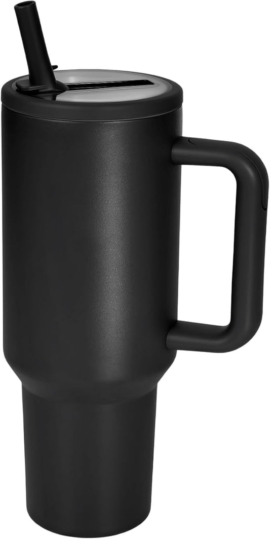 40 oz Insulated Tumbler with Handle,Flip Straw,Lid & Rubber Base Stainless Steel Water Bottle - Leak Proof Vacuum Insulated Mug BPA Free Reusable Travel Cup Gifts for Women/Men (black 40OZ)