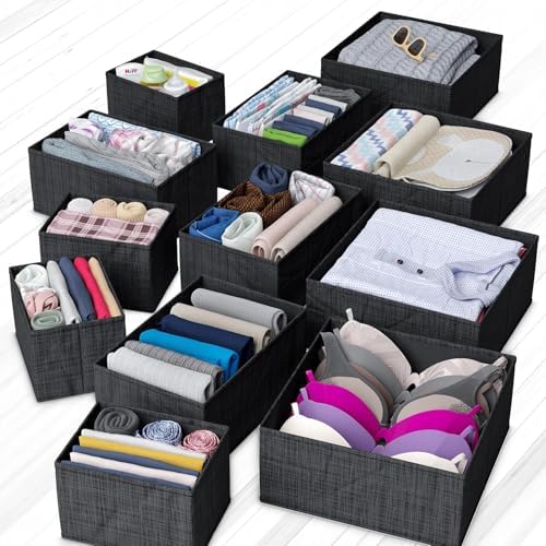 Drawer Organizer Clothes Set of 12 Black - Dresser Organizer For Nursery, Bedroom, Closet - The Perfect Baby Clothes Organizer and Storage & General Nursery Organization or Dresser Drawer Organizers