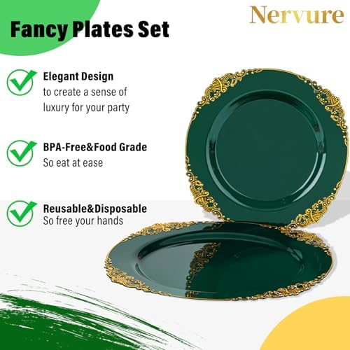 Nervure 350Pcs Green Plastic Plates, Plastic Dinnerware Set for 50 Guests