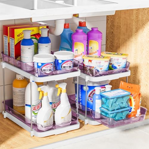 Delamu 2-Tier Multi-Purpose Bathroom Under Sink Organizers and Storage, Stackable Kitchen Pantry Organization, Pull Out Medicine Cabinet Organizer with Movable Dividers, Purple, 2 Pack