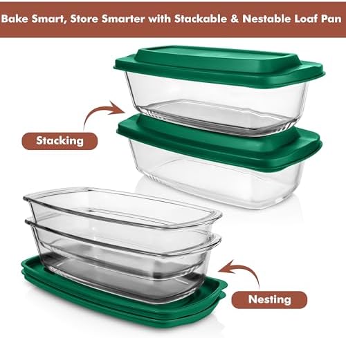 Razab (2 Pack 1800ml / 1.9 Qt Large Glass Bread Baking Pan Set with Lids