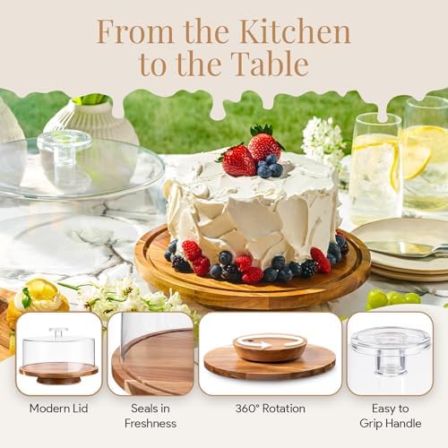 HOMESPHERE Rotating Cake Stand With Lid - 12 Inch Round Cake Holder with Cover, 4” Tall, Acacia Wood Spinning Cake Turntable for Decorating, Display and Serving Platter, Acrylic Cake Dome, No Glass