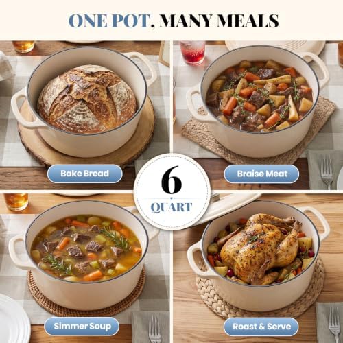 DUMOS Cast Iron Dutch Oven, 6 Quart Pot with Lid, Enameled Heavy Duty Cookware, Oven Safe to 500°F, Perfect for Bread Baking, Stews and Roasting, Moisture Sealing Lid with Dual Handles, Beige