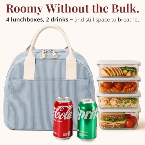LOVELYWIND Insulated Lunch Bag for Women, Blue Corduroy Lunch Tote