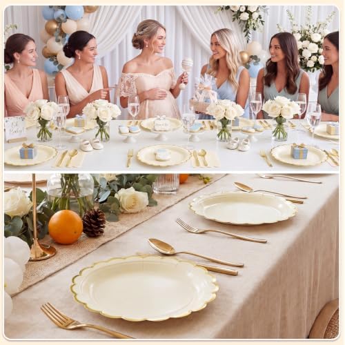 NatNarr 30 Pk Ivory Paper Plates 9" Scalloped Cream Plates with Gold Rim