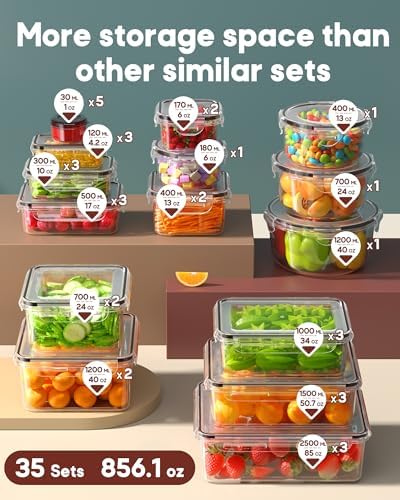 70 PCS Food Storage Containers with Lids Airtight, (35 Lids & 35 Containers) Leak proof Containers Set for Kitchen, Meal Prep, BPA-Free, PVC-Free Plastic, Microwave/Dishwasher Safe, Extra Labels & Pen