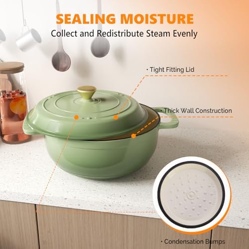 Bonnlo 6QT Round Dutch Oven, Enameled Cast Iron Dutch Oven Pot with Lid & Dual Handles, Oven Safe Up to 500° F, for Sourdough, Bread Baking, Stews and Roasting, Green