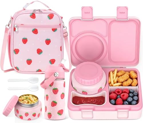 Kids Bento Box with Food Jar, Water Bottle, Lunch Bag, Strawberry