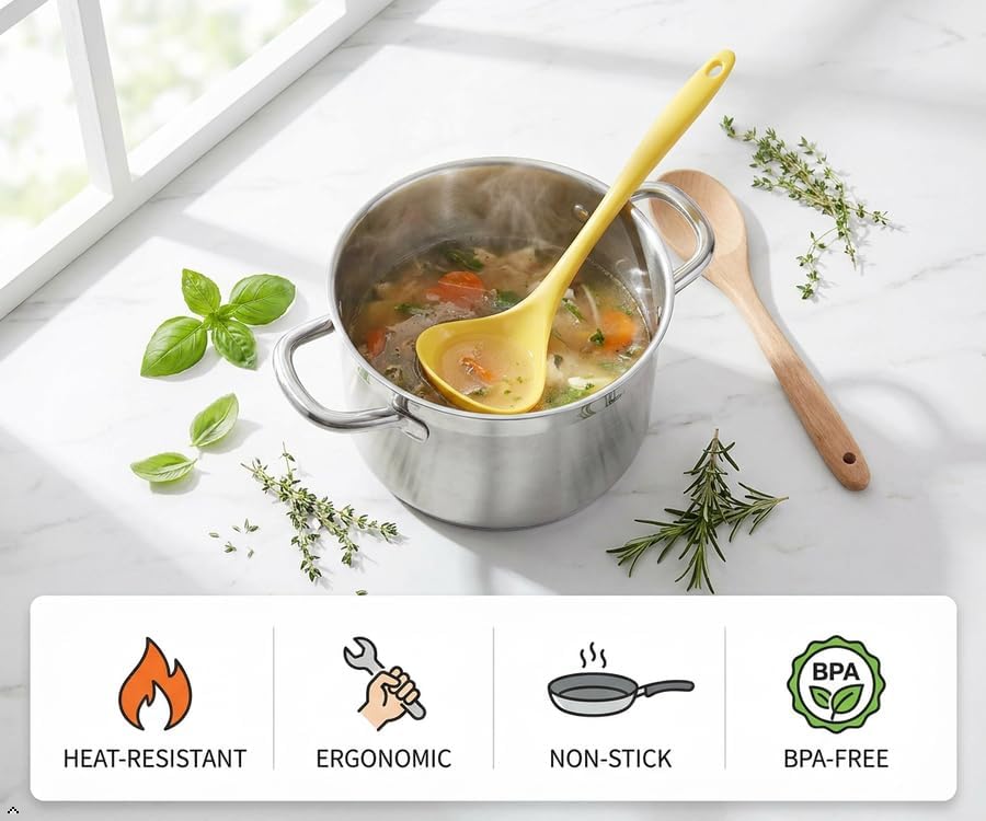 Reston Lloyd Melamine Soup Ladle Kitchen Utensil, Premium Quality Utensil with Heat Resistant Ergonomic Handle, Durable BPA-Free Plastic, 10.5 inch long, 6pc Set, Lemon
