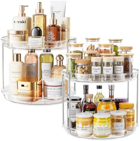 LAMU 2 Pack 2 Tier Lazy Susan Turntable Organizer 10.6'' Rotating Spice Rack Organization for Cabinet, Kitchen, Pantry, Countertop, Bathroom, Vanity, Medicine Cabinet Organizer, Clear