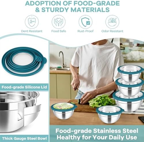 TeamFar Mixing Bowls Set, Stainless Steel Salad Bowl with Lids, Dark Blue