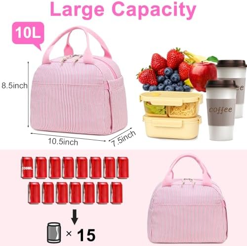 Bluboon Lunch Box for Women Cute Lunch Bag Reusable Insulated Lunch Bags Large Capacity Lunchbox Cooler for Work Picnic or Travel Gifts (Pink White Vertical Stripes, 10 x 7.5 x 8 inches)