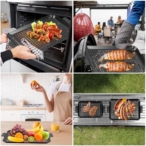 Grill topper: Set Of 2 Outdoor Grill Pans - Grill Trays with Hole Nonstick - BBQ Grilling Baskets for Outdoor Camping, Suitable for Vegetable Meat (2pcs)