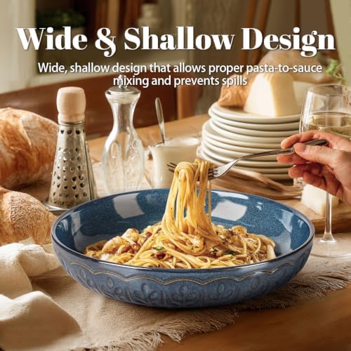 Artena Pasta Bowls, 50oz Large Salad Serving Bowls, 9.75'' Plates Bowls Set of 4, Big Ceramic Soup Bowls for Kitchen, Embossment Shallow Dinner Bowl, Microwave Dishwasher Safe, Wheat Leaf, Blue
