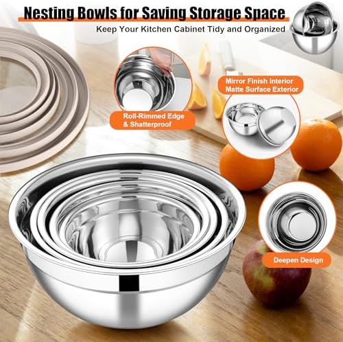 E-far Mixing Bowls Set of 5, Stainless Steel Salad Mixing Bowl with Transparent Lid, Metal Nesting Bowl Attach with 3 Graters for Kitchen Prepping/Serving/Baking/Storage, 4.6/2.6/1.5/1/0.7 QT - Khaki