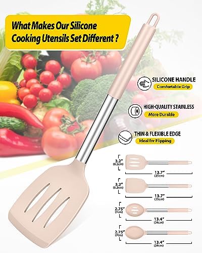 Pack of 4 Silicone Cooking Utensils Set, Non Stick Large Solid Spatulas, Heat Resistant Stainless Steel Khaki Slotted Spoons, Ideal BPA Free Kitchen Turners for Frying, Mixing,Serving,Draining,Turning