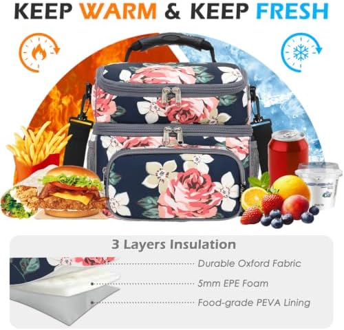FlowFly Double Layer Cooler Insulated Lunch Bag Adult Lunch Box Large Tote Bag for Men, Women, With Adjustable Strap,Front Pocket and Dual Large Mesh Side Pockets