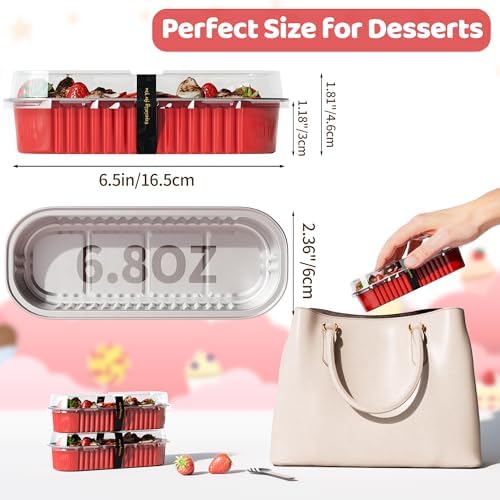 100 Pack Mini Loaf Pans with Lids and Spoons, 6.8oz Mini Cake Pans for Baking, Disposable Rectangle Aluminum Foil Small Loaf Baking Pans Cake Tins, Individual Small Cake Containers with Sticker, Red