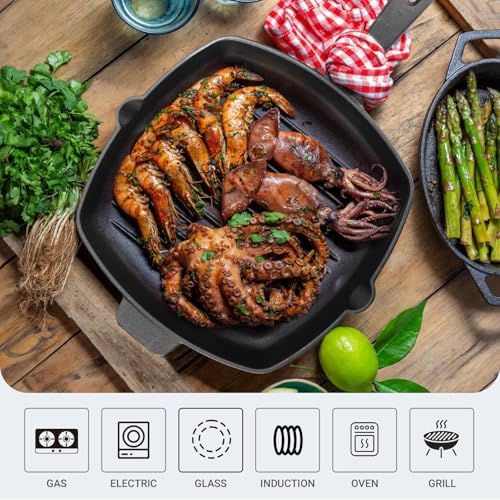 Northriver Casting 10.5 Inch Cast Iron Square Grill Pan with Tempered Glass Lid, Heavy Steak & Bacon Pans for Stove Tops
