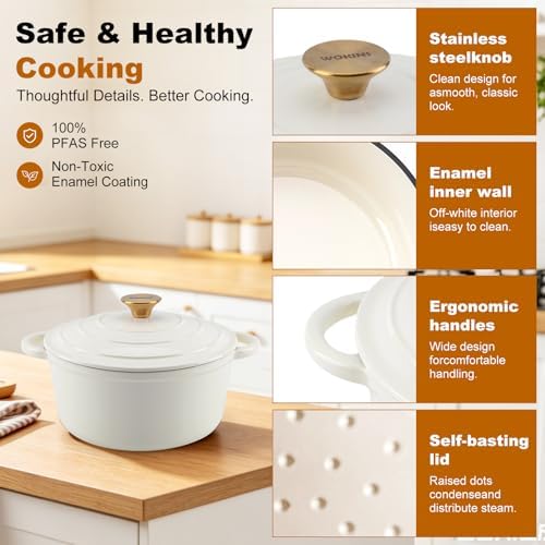 4-QT Enameled Cast Iron Round Dutch Oven With Lid,Oven safe,Cream