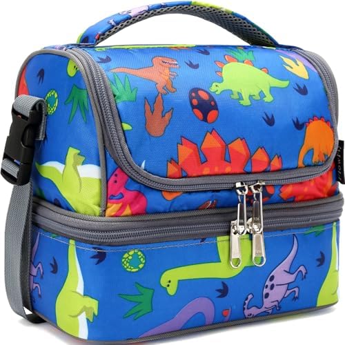 FlowFly Kids Double Decker Cooler Insulated Lunch Bag Large Tote for Boys, Girls, Men, Women, With Adjustable Strap, Dinosaur