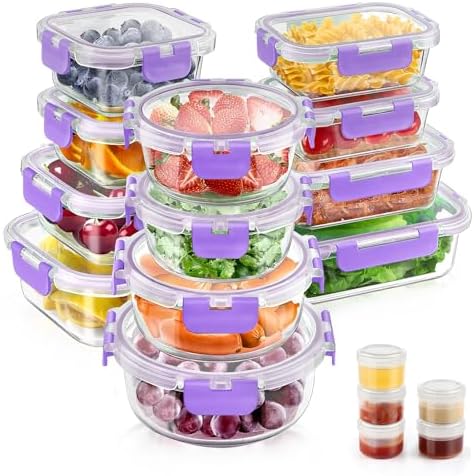 34pcs Glass Food Storage Containers with Lids Set, Airtight Glass Meal Prep Containers (17 Containers & 17 Lids), Leak Proof Lunch Container BPA-Free, Microwave, Oven, Freezer, Dishwasher Safe-Purple