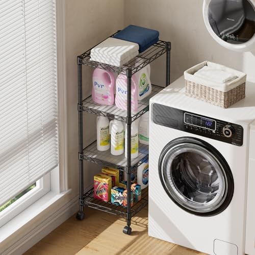 SINGAYE 4 Small Shelves Storage Shelf Wire Shelving Unit Metal Shelf Adjustable Organizers Storage Shelving with Wheels for Bathroom Laundry Room Kitchen Pantry11.5”D x 17.3”W x 44.5”H Black