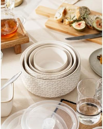 Serving Bowls with Lids, Ceramic Nesting Bowls Set of 4, Off-White